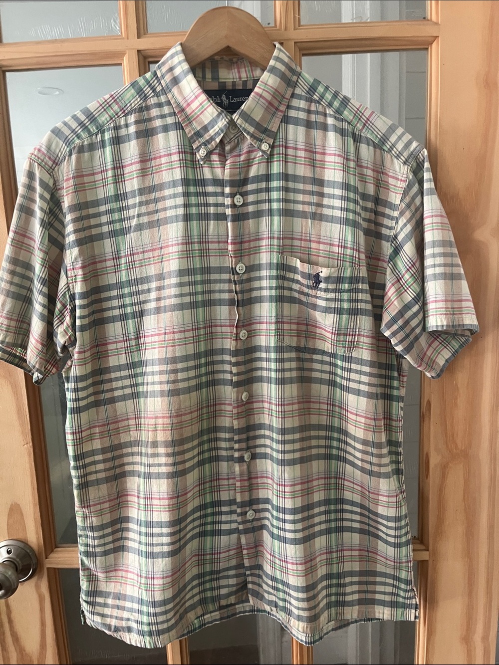 Ralph Lauren Cream Pink Blue Plaid Short Sleeve Greggor Fit Button Down Shirt